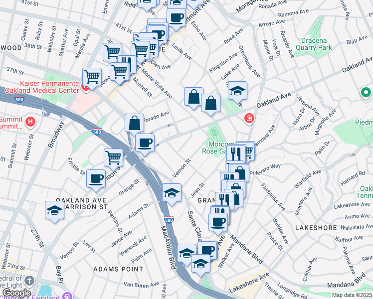 map of restaurants, bars, coffee shops, grocery stores, and more near in Oakland