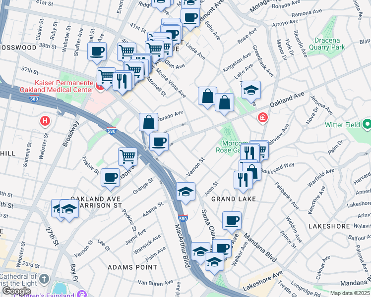 map of restaurants, bars, coffee shops, grocery stores, and more near 40 Moss Avenue in Oakland