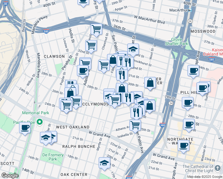map of restaurants, bars, coffee shops, grocery stores, and more near 2828 Filbert Street in Oakland