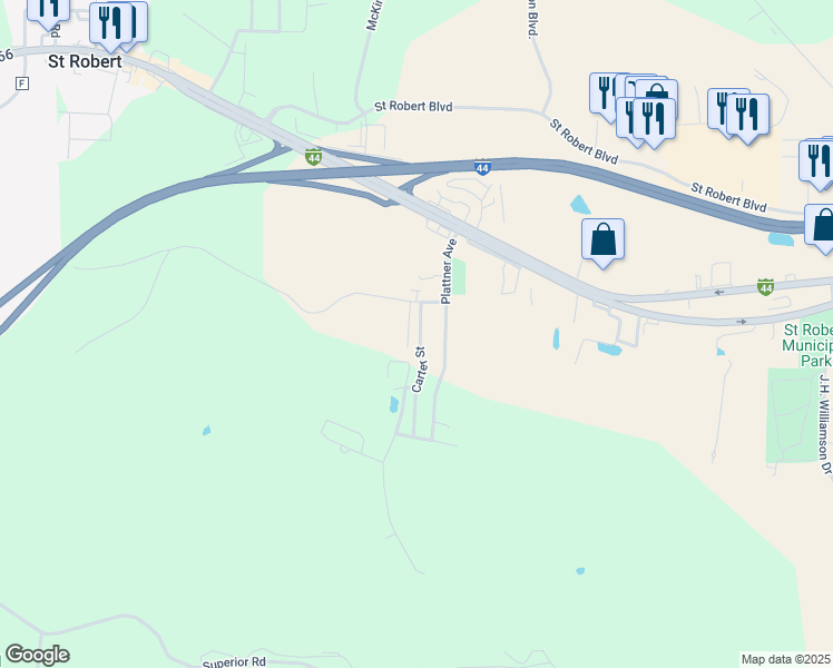 map of restaurants, bars, coffee shops, grocery stores, and more near 141 Plattner Avenue in Saint Robert
