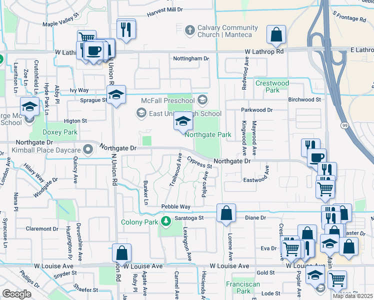 map of restaurants, bars, coffee shops, grocery stores, and more near 849 Northgate Drive in Manteca