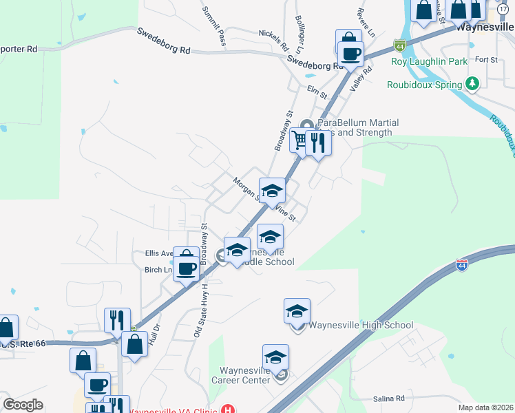 map of restaurants, bars, coffee shops, grocery stores, and more near 102 Short Street in Waynesville