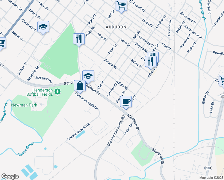 map of restaurants, bars, coffee shops, grocery stores, and more near 1201 Letcher Street in Henderson
