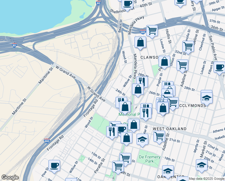 map of restaurants, bars, coffee shops, grocery stores, and more near 1735 24th Street in Oakland
