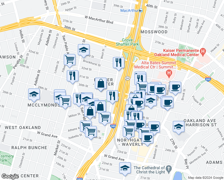 map of restaurants, bars, coffee shops, grocery stores, and more near 3001 Martin Luther King Junior Way in Oakland