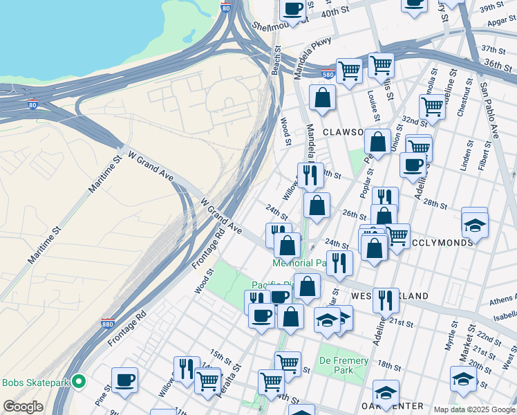 map of restaurants, bars, coffee shops, grocery stores, and more near 1735 24th St in Oakland
