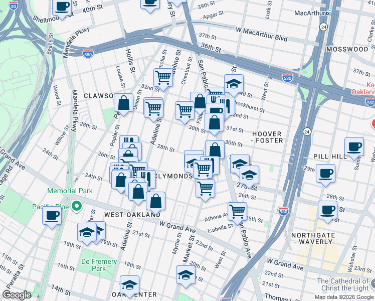 map of restaurants, bars, coffee shops, grocery stores, and more near 2807 Filbert Street in Oakland