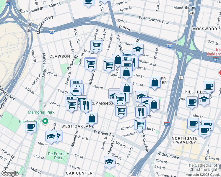 map of restaurants, bars, coffee shops, grocery stores, and more near 2828 Filbert Street in Oakland