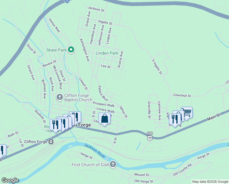 map of restaurants, bars, coffee shops, grocery stores, and more near 819 Gardner Street in Clifton Forge