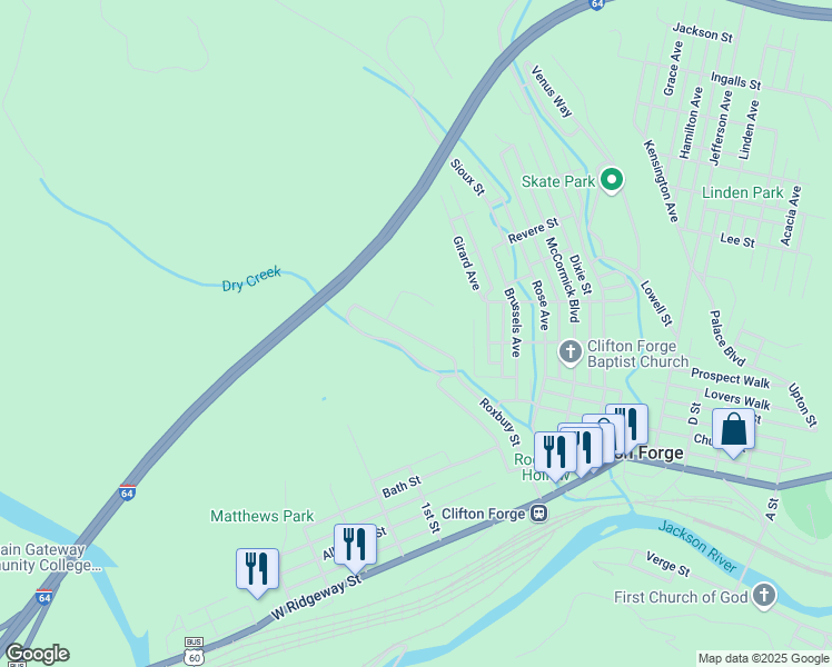 map of restaurants, bars, coffee shops, grocery stores, and more near 552 Roxbury Street in Clifton Forge