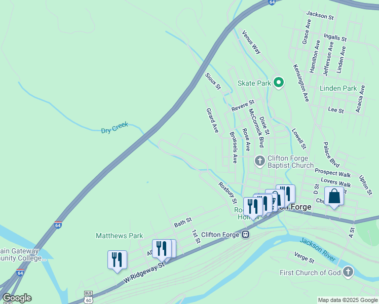 map of restaurants, bars, coffee shops, grocery stores, and more near 552 Roxbury Street in Clifton Forge