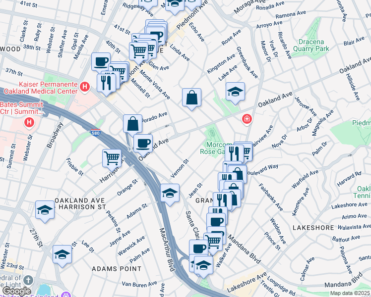 map of restaurants, bars, coffee shops, grocery stores, and more near in Oakland
