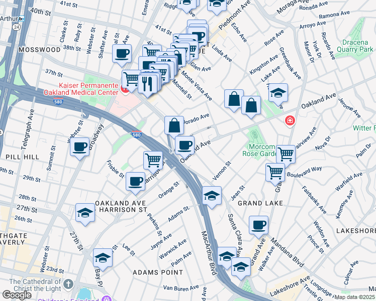 map of restaurants, bars, coffee shops, grocery stores, and more near in Oakland