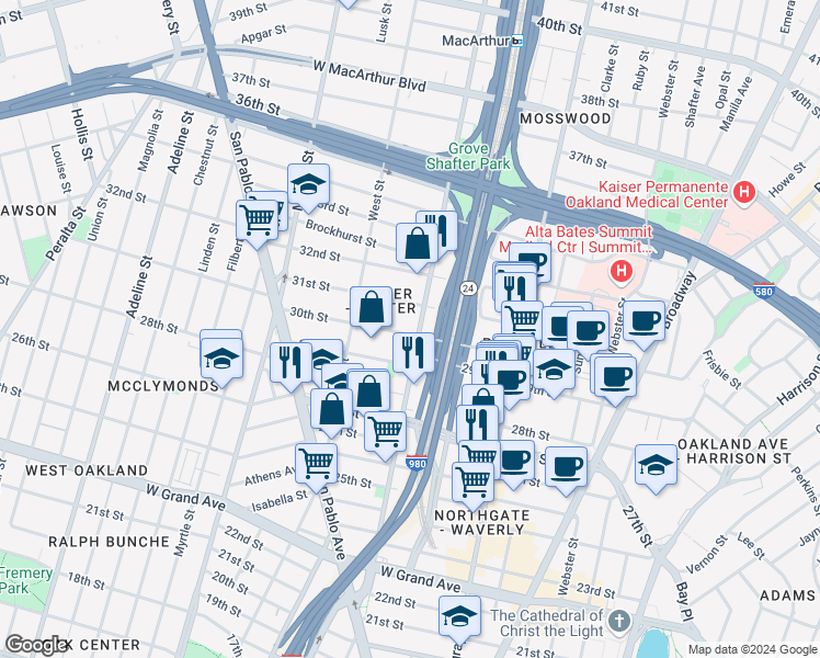 map of restaurants, bars, coffee shops, grocery stores, and more near in Oakland