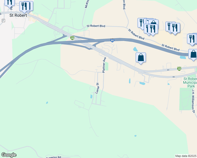 map of restaurants, bars, coffee shops, grocery stores, and more near 141 Plattner Avenue in Saint Robert