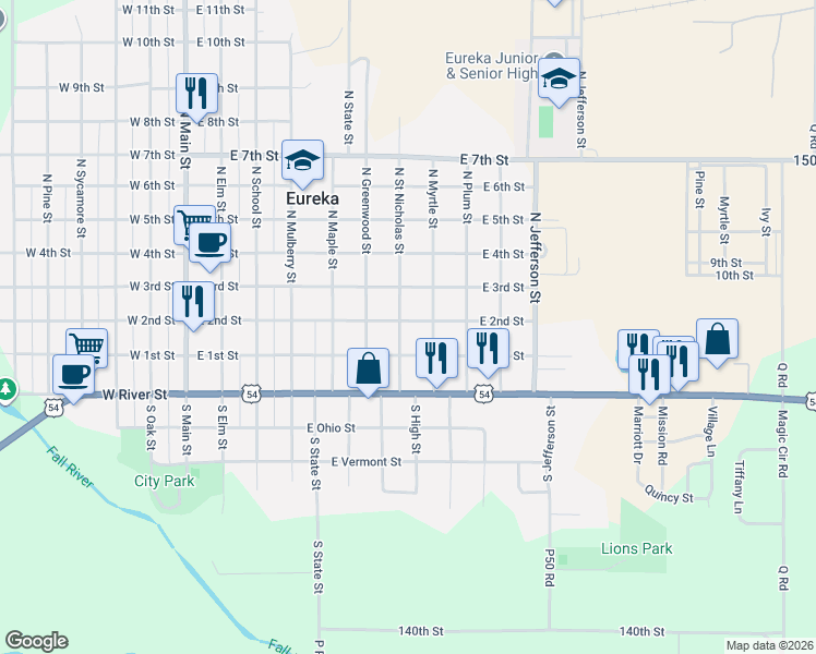 map of restaurants, bars, coffee shops, grocery stores, and more near 700-798 E 1st St in Eureka