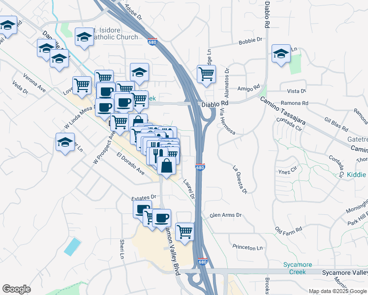 map of restaurants, bars, coffee shops, grocery stores, and more near 1001 River Rock Lane in Danville