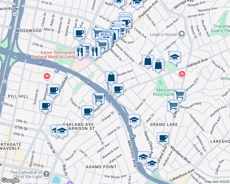 map of restaurants, bars, coffee shops, grocery stores, and more near 3520 Harrison Street in Oakland