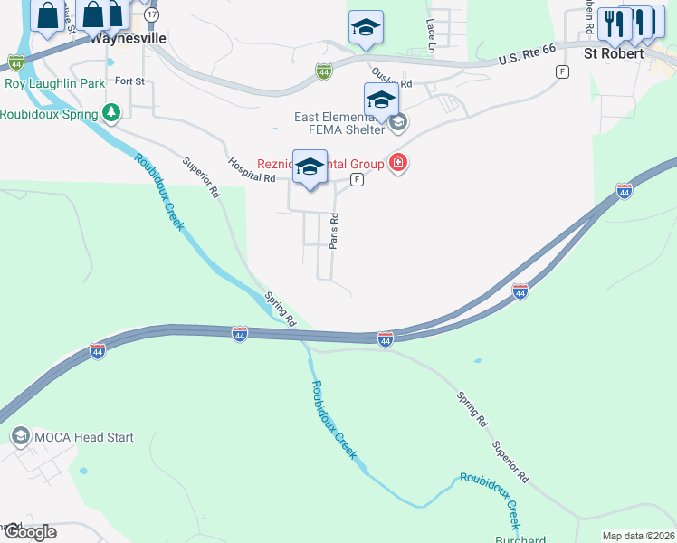 map of restaurants, bars, coffee shops, grocery stores, and more near 805 Paris Road in Waynesville