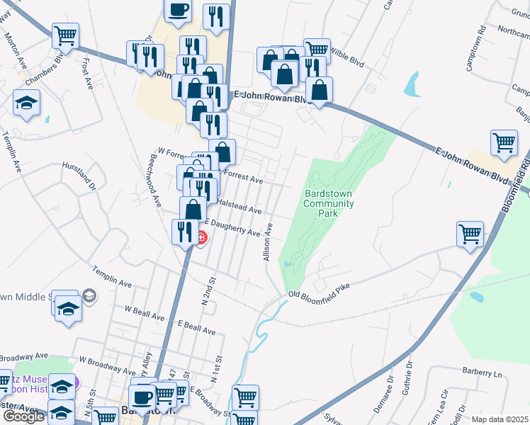 map of restaurants, bars, coffee shops, grocery stores, and more near Cs-1160 in Bardstown