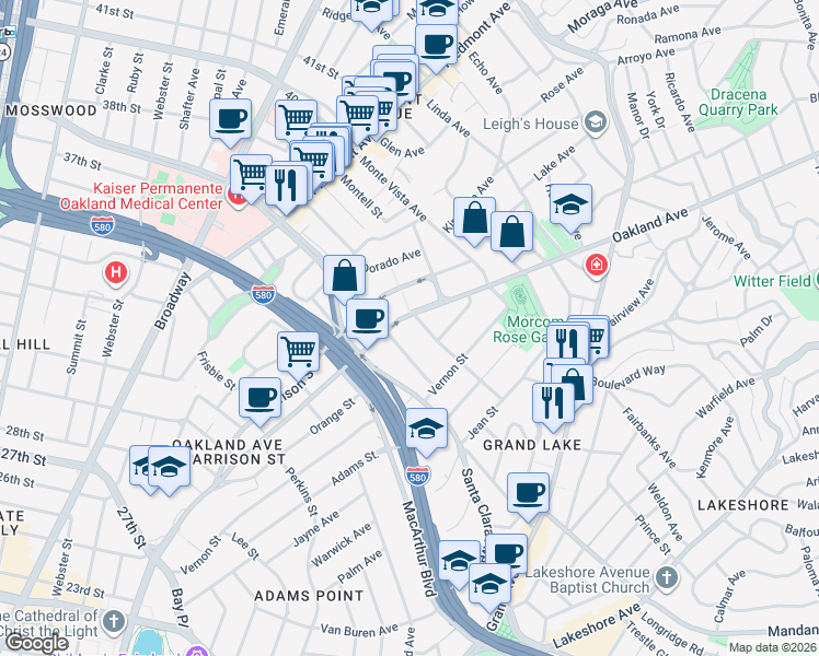 map of restaurants, bars, coffee shops, grocery stores, and more near 40 Moss Avenue in Oakland