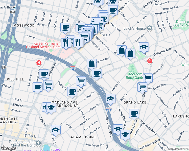 map of restaurants, bars, coffee shops, grocery stores, and more near 3520 Harrison Street in Oakland
