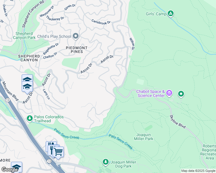 map of restaurants, bars, coffee shops, grocery stores, and more near 3082 Holyrood Drive in Oakland