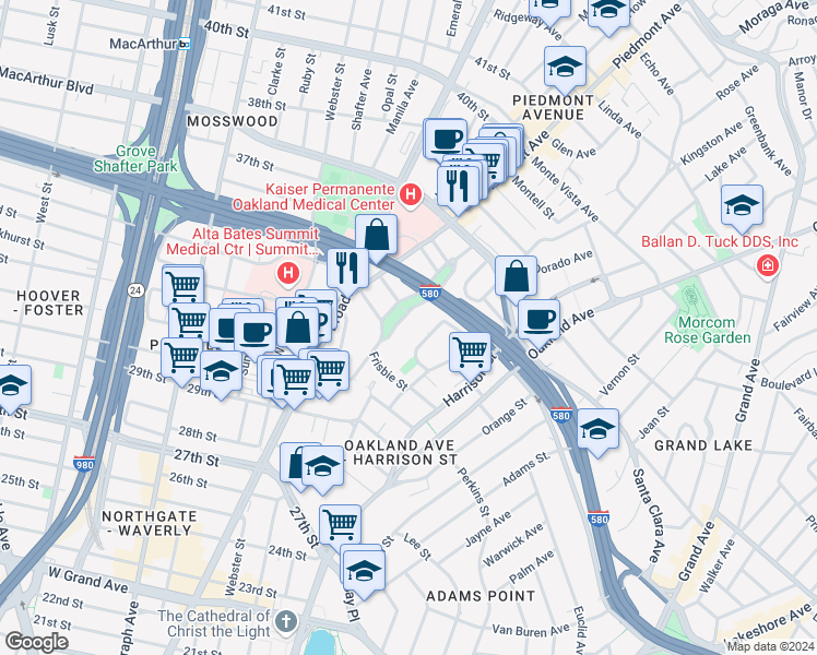 map of restaurants, bars, coffee shops, grocery stores, and more near 3054 Richmond Boulevard in Oakland