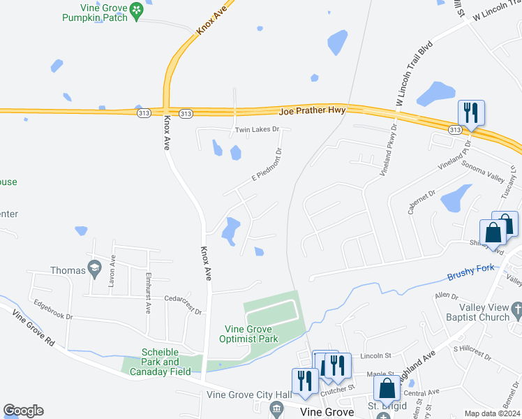 map of restaurants, bars, coffee shops, grocery stores, and more near 303 Willow Crossing Court in Vine Grove