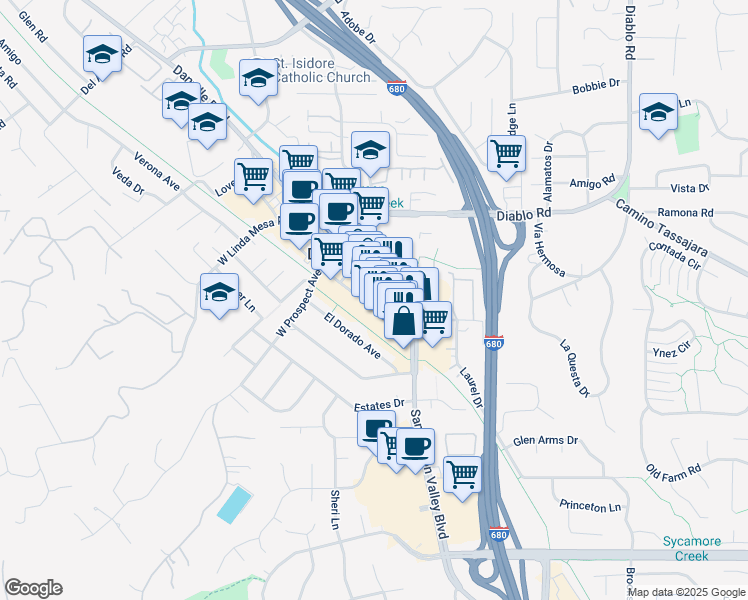 map of restaurants, bars, coffee shops, grocery stores, and more near 345 Railroad Avenue in Danville