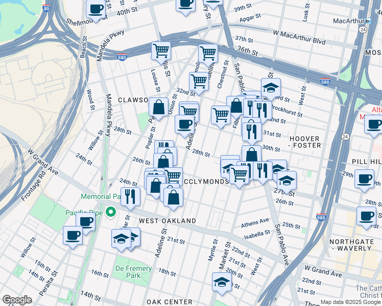map of restaurants, bars, coffee shops, grocery stores, and more near 2730 Adeline Street in Oakland