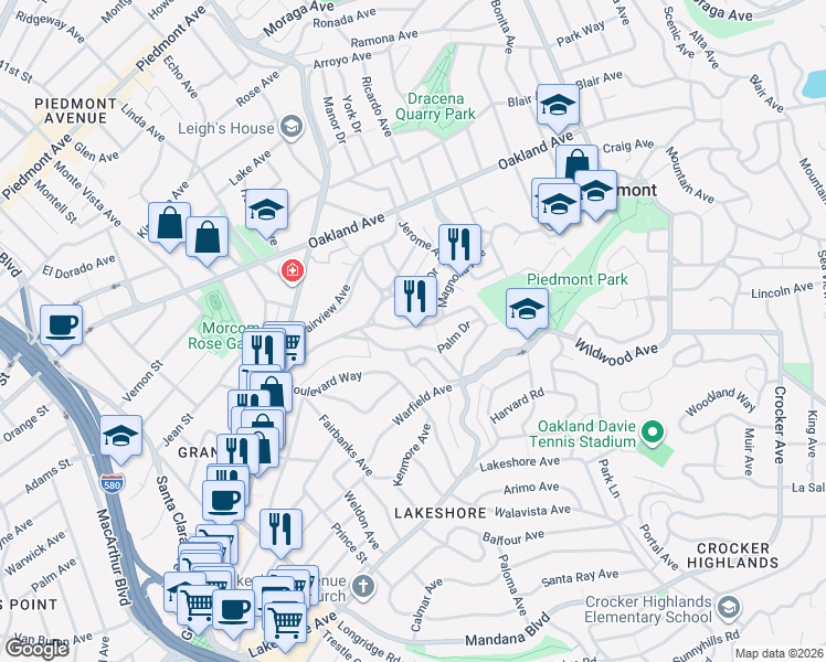 map of restaurants, bars, coffee shops, grocery stores, and more near 100 Palm Drive in Piedmont