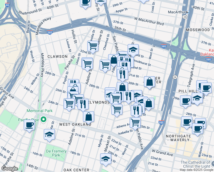 map of restaurants, bars, coffee shops, grocery stores, and more near 2817 Filbert Street in Oakland