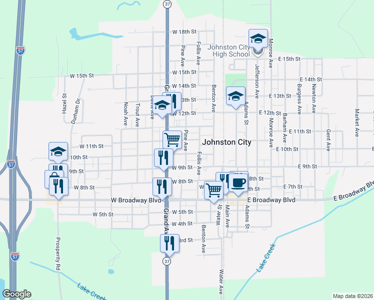 map of restaurants, bars, coffee shops, grocery stores, and more near 305-311 West 10th Street in Johnston City