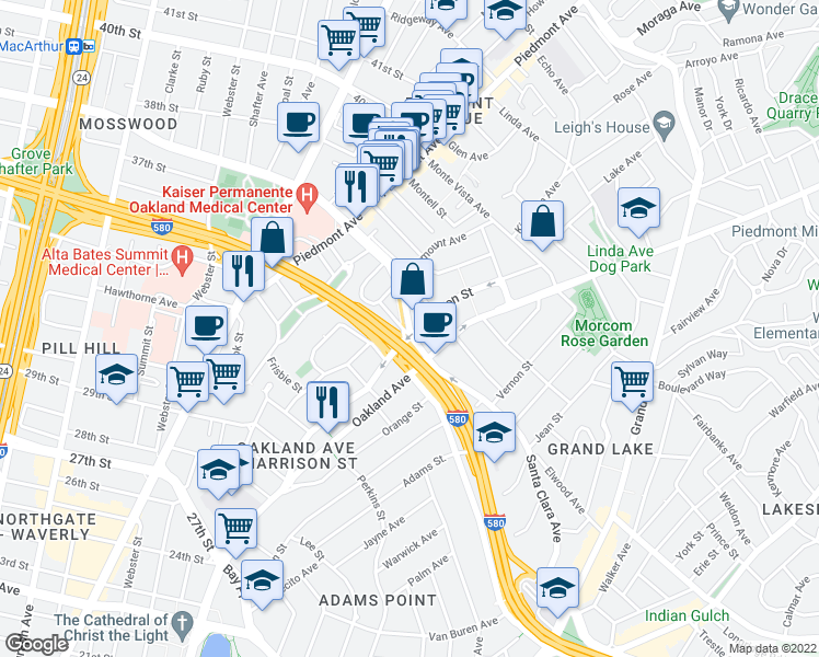 map of restaurants, bars, coffee shops, grocery stores, and more near 72 MacArthur Blvd in Oakland