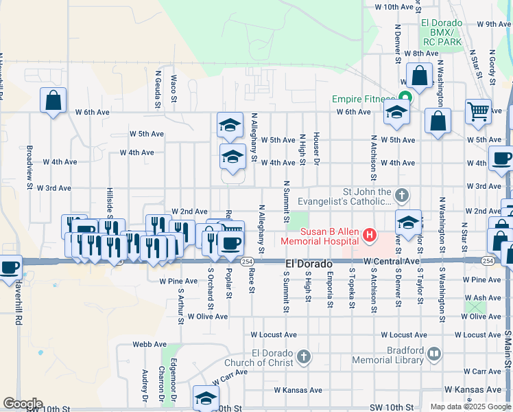 map of restaurants, bars, coffee shops, grocery stores, and more near 229 N Alleghany St in El Dorado