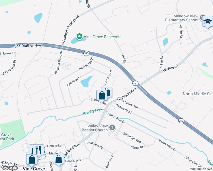map of restaurants, bars, coffee shops, grocery stores, and more near 140 Tuscany Lane in Vine Grove