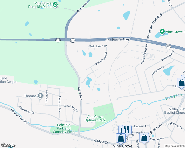 map of restaurants, bars, coffee shops, grocery stores, and more near 204 South Rushmore Drive in Vine Grove