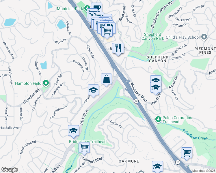 map of restaurants, bars, coffee shops, grocery stores, and more near 393 Somerset Road in Piedmont