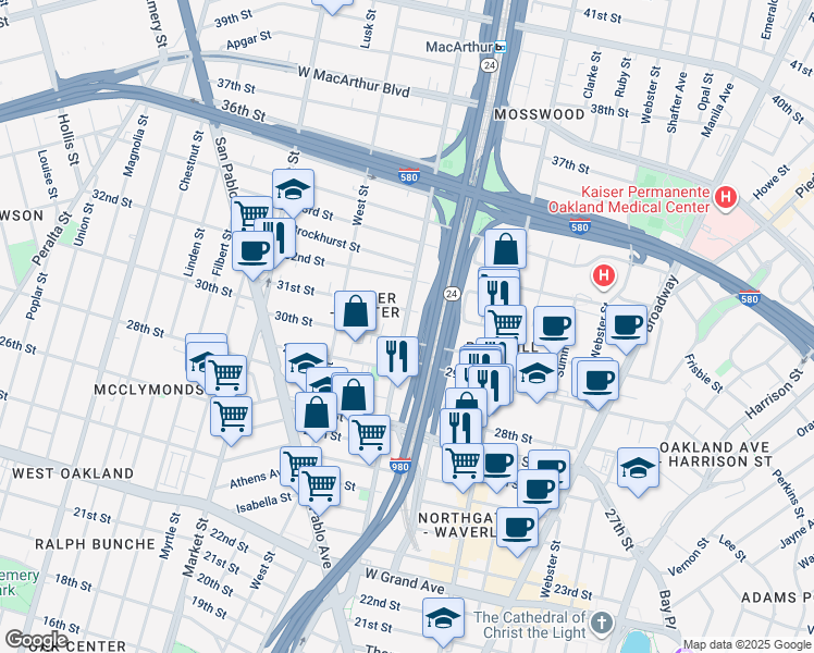 map of restaurants, bars, coffee shops, grocery stores, and more near in Oakland