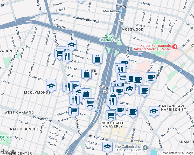 map of restaurants, bars, coffee shops, grocery stores, and more near in Oakland