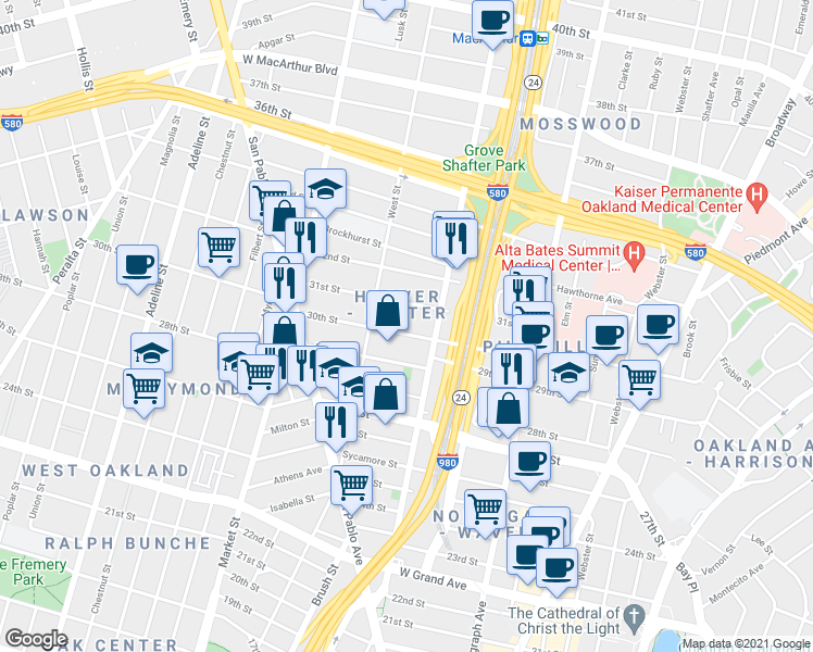 map of restaurants, bars, coffee shops, grocery stores, and more near 699 30th Street in Oakland