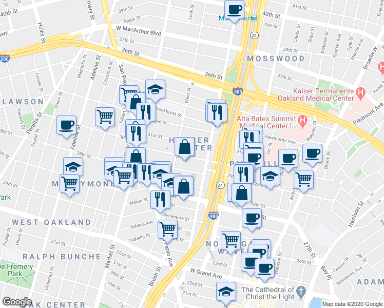 map of restaurants, bars, coffee shops, grocery stores, and more near 699 30th Street in Oakland