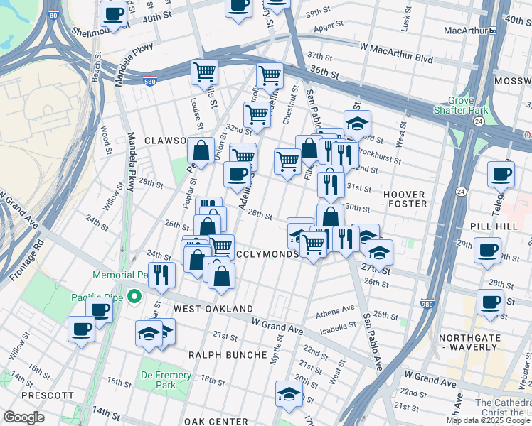 map of restaurants, bars, coffee shops, grocery stores, and more near 2715 Chestnut Street in Oakland