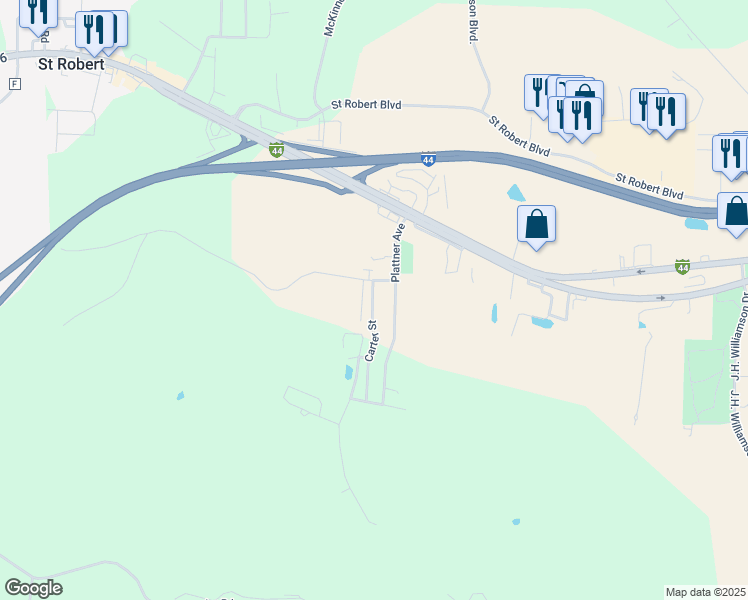 map of restaurants, bars, coffee shops, grocery stores, and more near 141 Plattner Avenue in Saint Robert