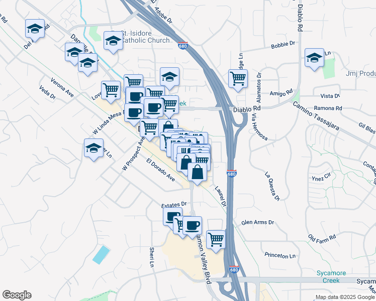 map of restaurants, bars, coffee shops, grocery stores, and more near 600 Hartz Avenue in Danville