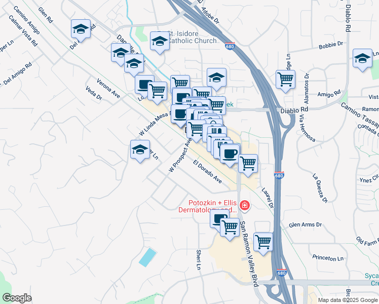 map of restaurants, bars, coffee shops, grocery stores, and more near 201 West Prospect Avenue in Danville