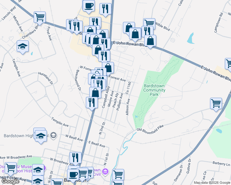 map of restaurants, bars, coffee shops, grocery stores, and more near 206 East Daugherty Avenue in Bardstown