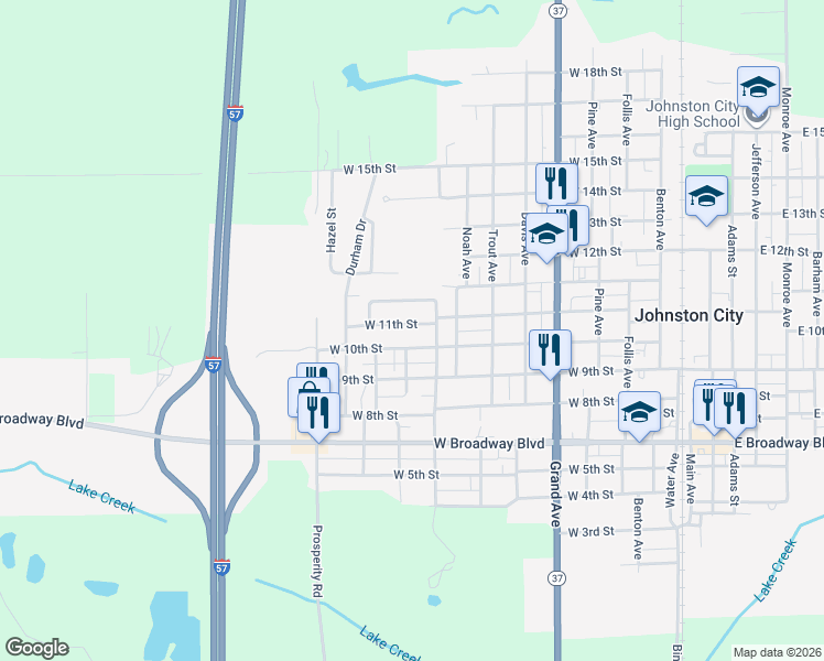 map of restaurants, bars, coffee shops, grocery stores, and more near 801-899 West 10th Street in Johnston City