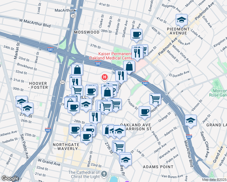 map of restaurants, bars, coffee shops, grocery stores, and more near 3001 Broadway in Oakland